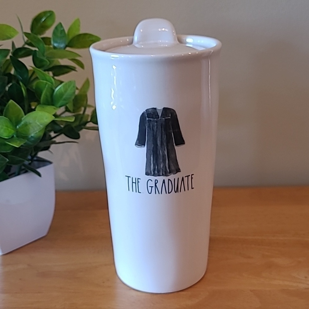 RAE DUNN 'GRADUATE' Artisan Collection White Ceramic Travel Tumbler Mug With Lid